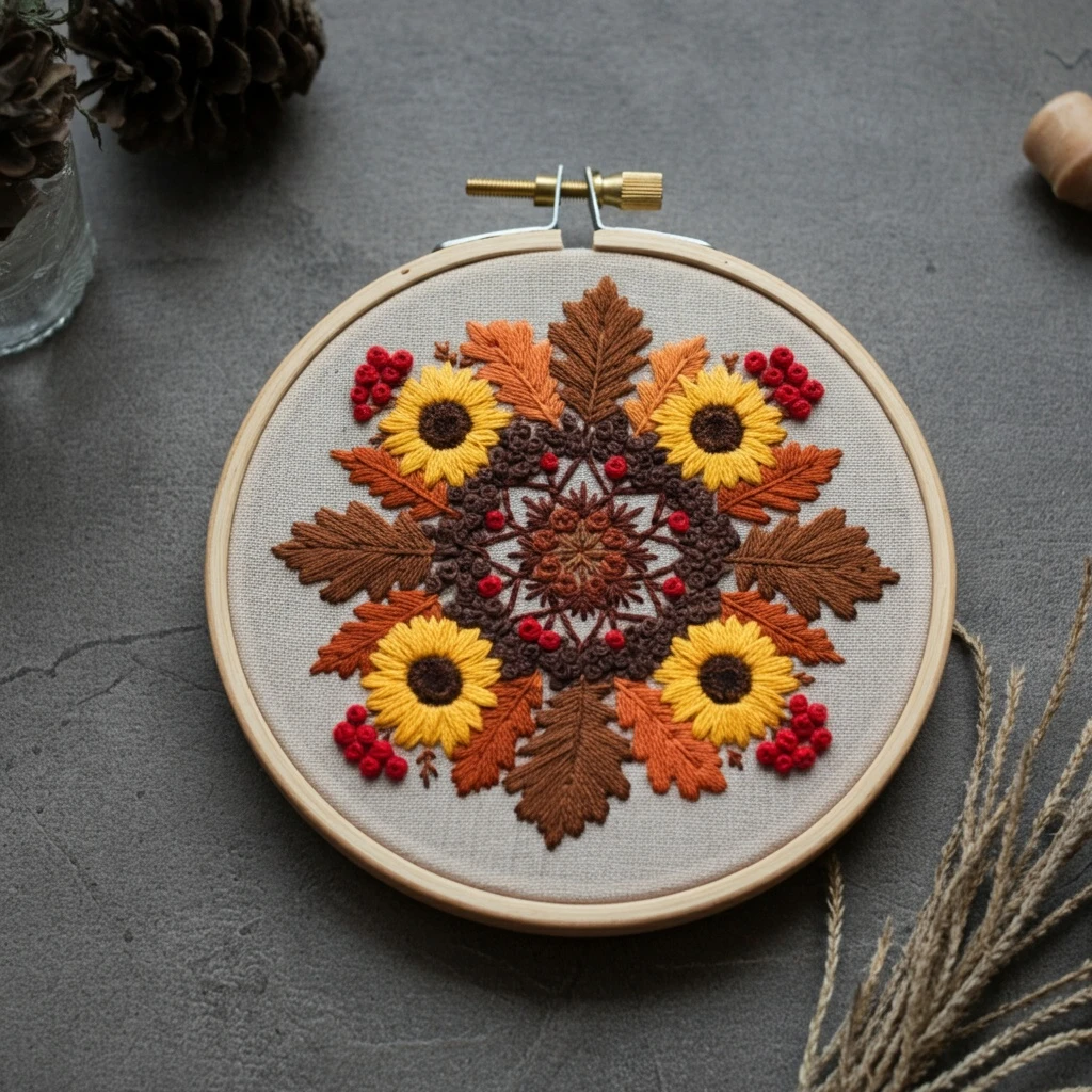 Harvest Mandala  Sunflowers and Autumn Leaves