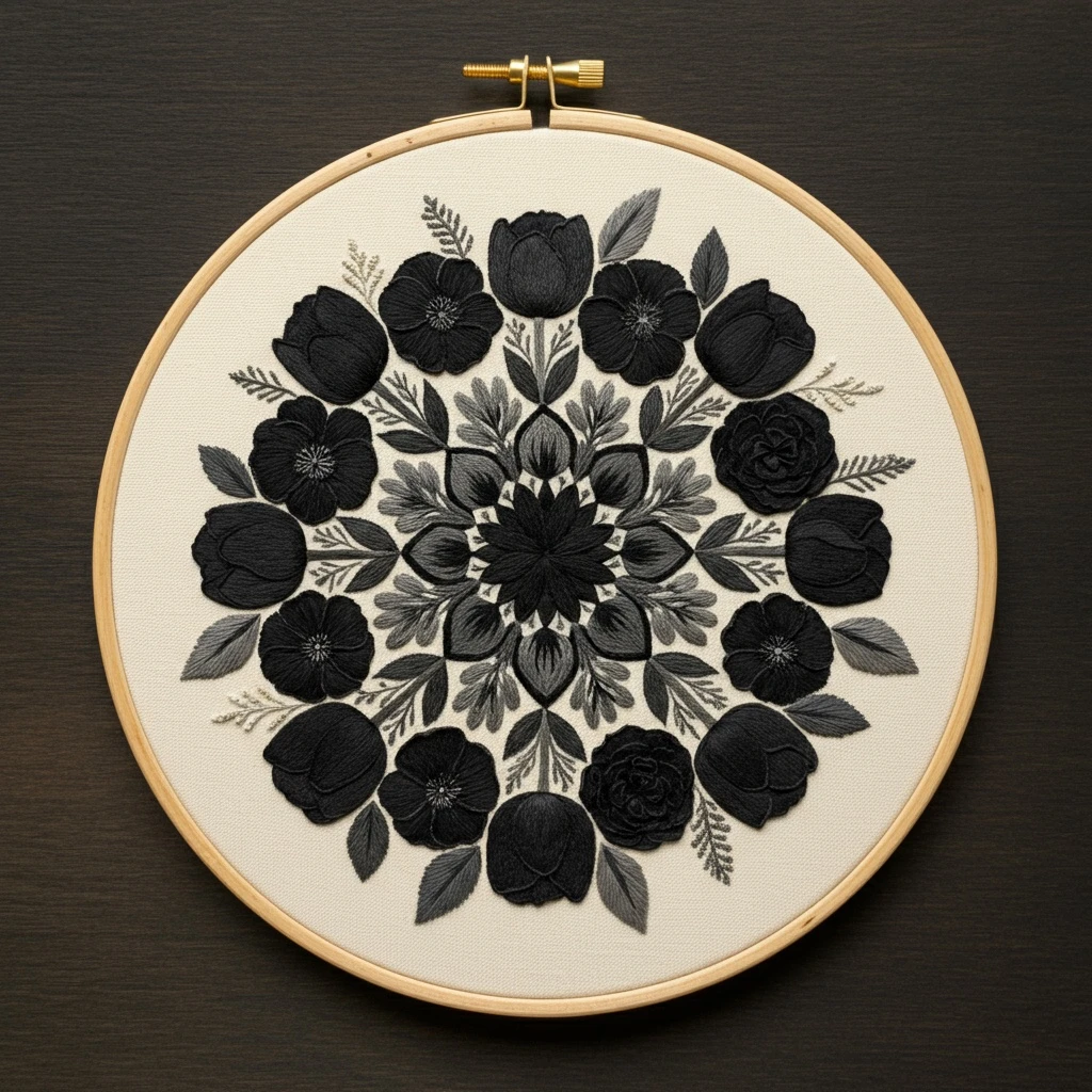 Monochrome Garden  Black Rose and Tulip Mandala