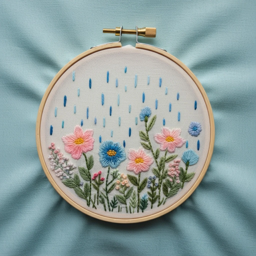April Showers  Flowers in the Rain Embroidery