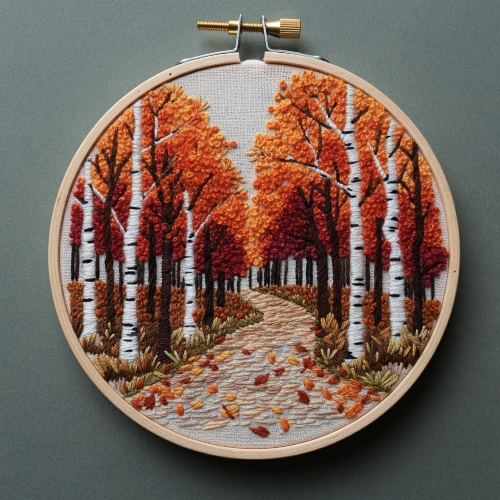 Winding Autumn Path in the Forest Embroidery