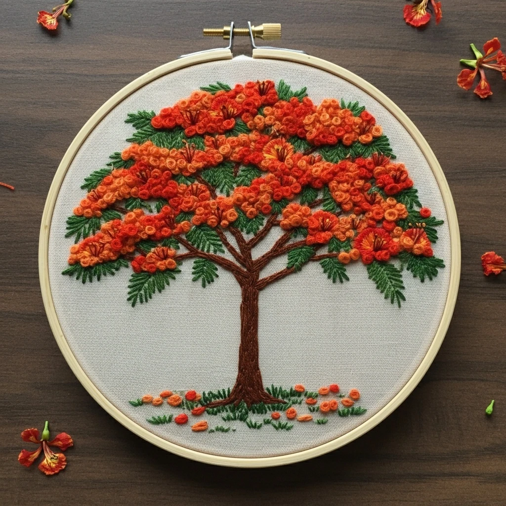 Vibrant Flame Tree (Gulmohar) Embroidery