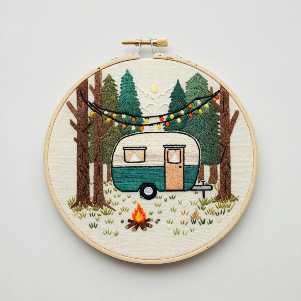 Cozy Camper & Campfire Embroidery Art