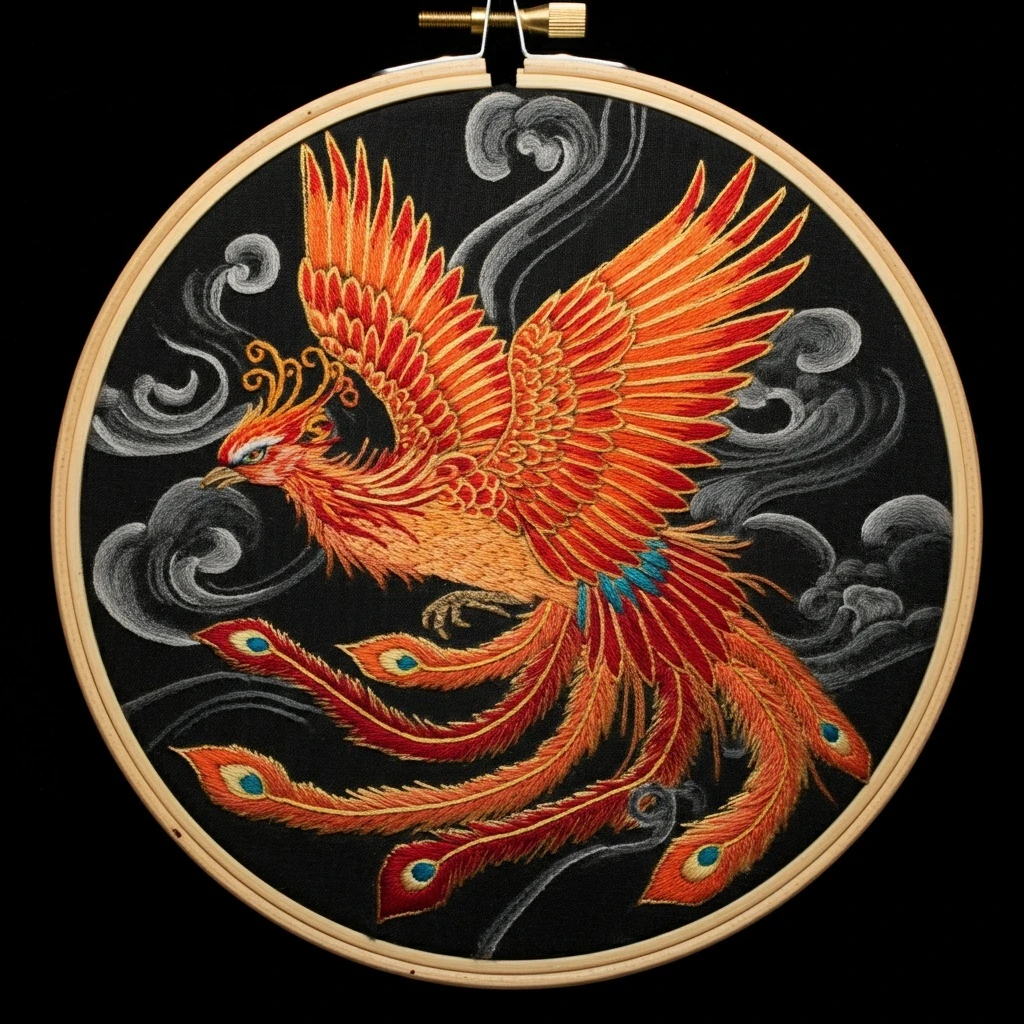 The Ascending Fenghuang  Hand Embroidered Chinese Phoenix