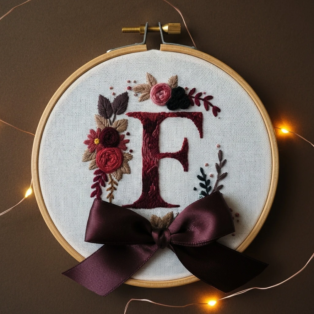 Personalized Initial 'F' Floral Embroidery Hoop Art