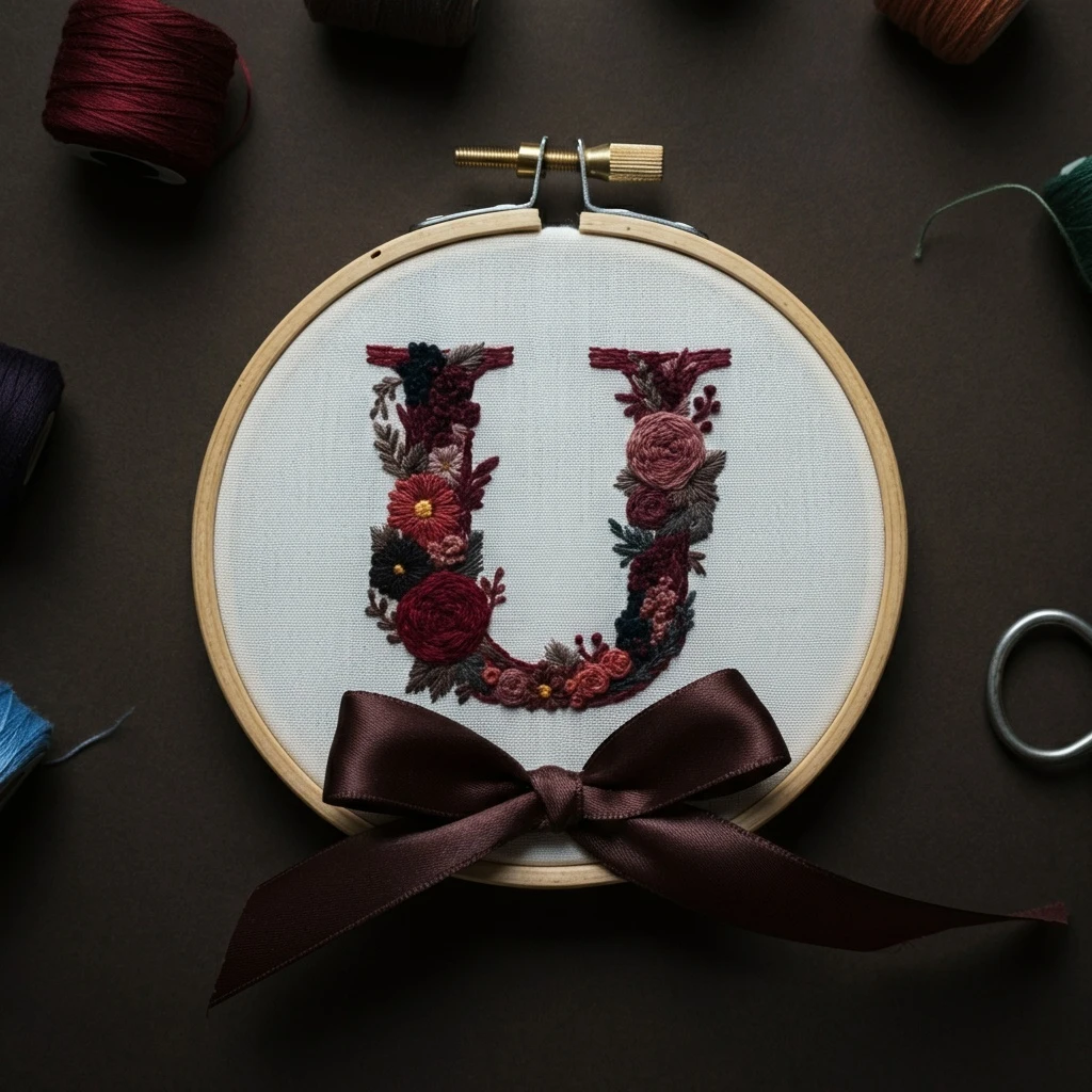 Embroidered Floral Monogram 'U' in Hoop
