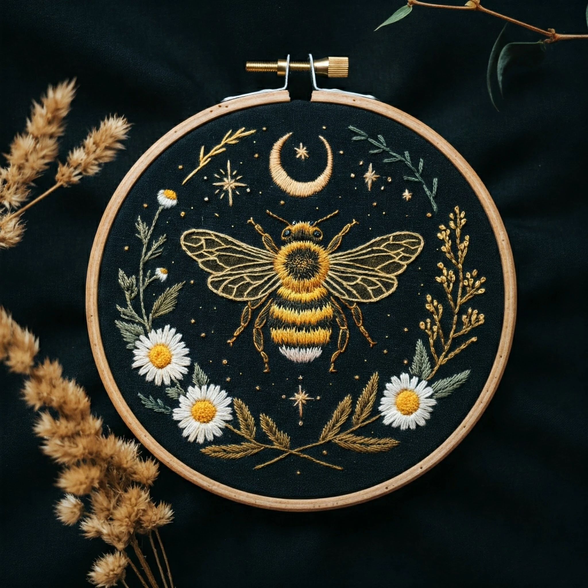 Celestial Bee & Daisy Embroidery Hoop Art