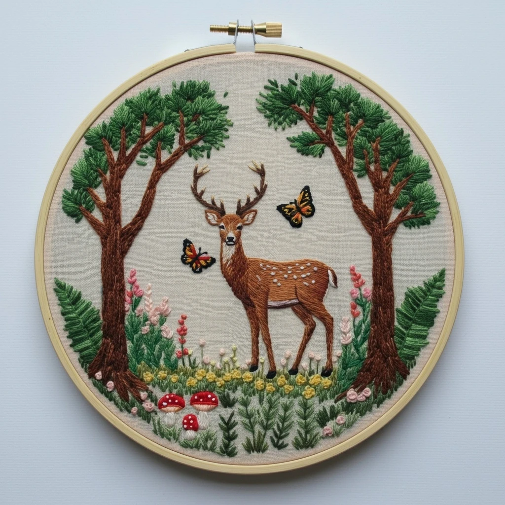 Forest Stag & Butterflies Embroidery