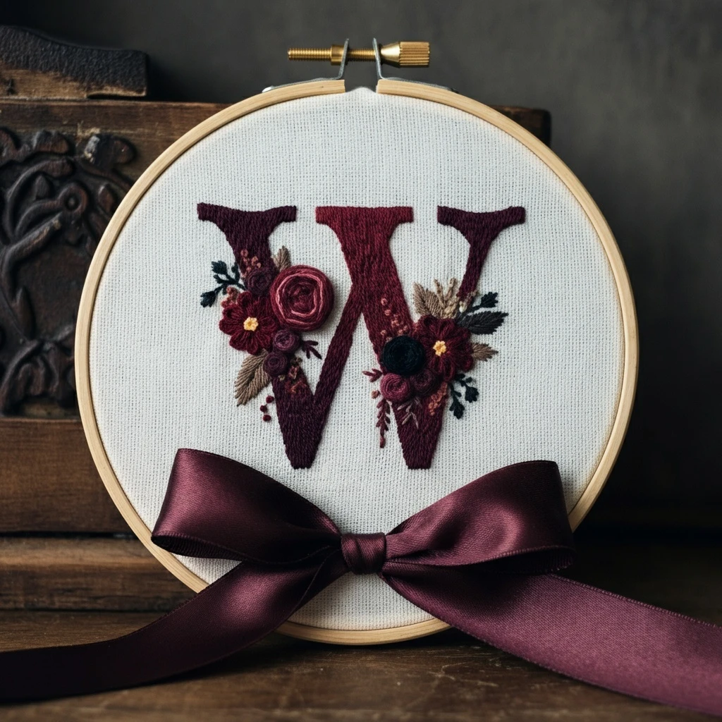 Elegant Monogram W Embroidery in Deep Burgundy