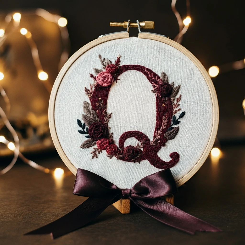 Elegant Monogram 'Q' Embroidery Hoop Art