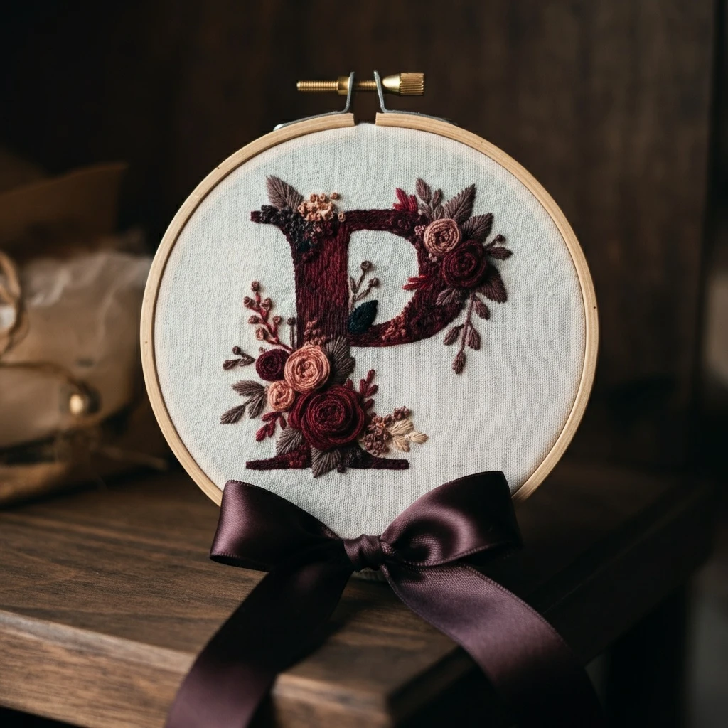 Floral Monogram  P  Embroidery Hoop Art