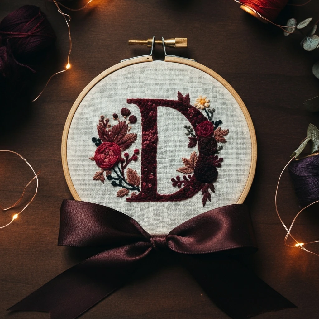 Elegant Floral Monogram 'D' Embroidery Hoop Art