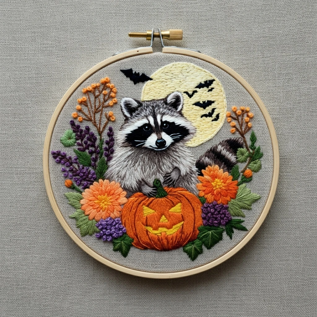 Raccoon & Jack O' Lantern Halloween Embroidery
