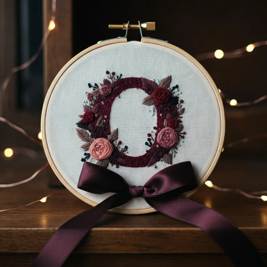 Elegant Monogram 'O' Floral Embroidery Hoop Art