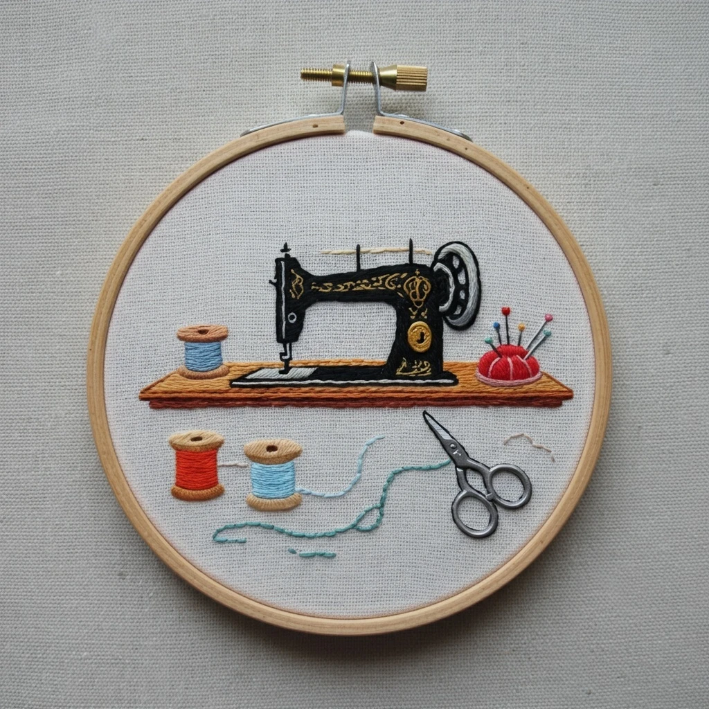 Vintage Sewing Machine & Notions Hand Embroidery