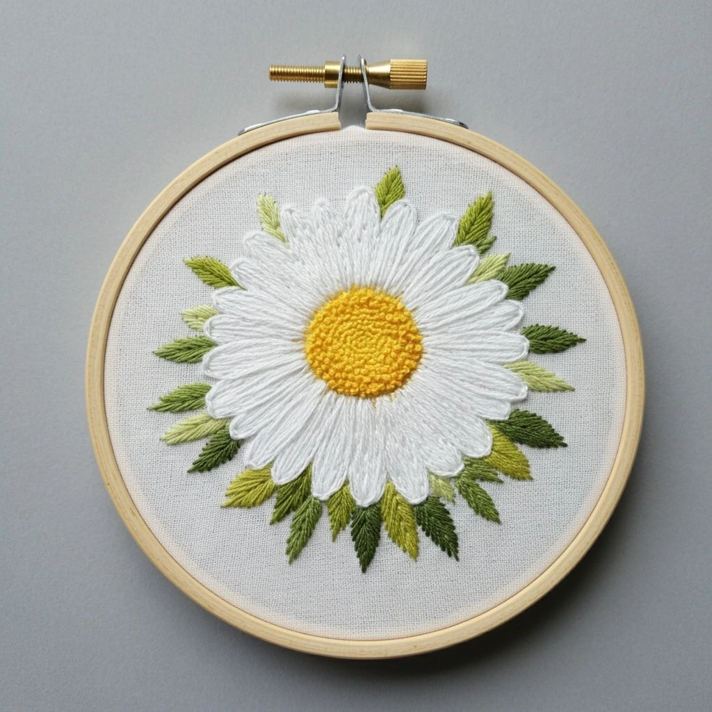 Beginner Daisy & Leaves Embroidery Hoop Art