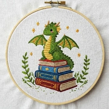 Cozy Dragon Book Stack Embroidery Pattern