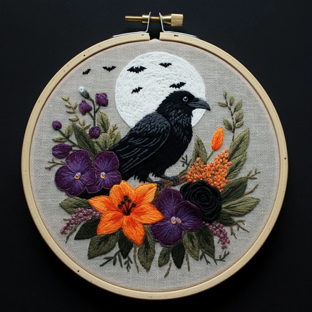 Gothic Bloom Crow and Moonlight Embroidery