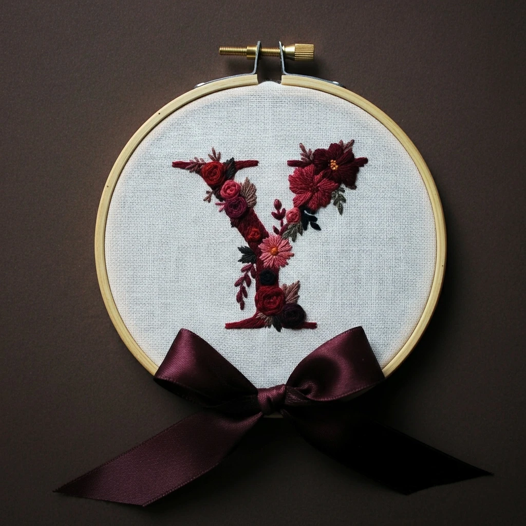 Embroidered Floral Monogram 'Y' in Deep Reds