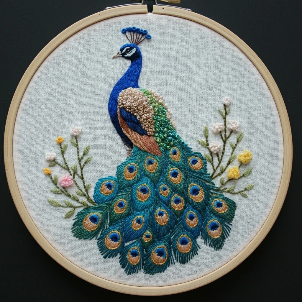 Embroidered Peacock & Floral Hoop Art