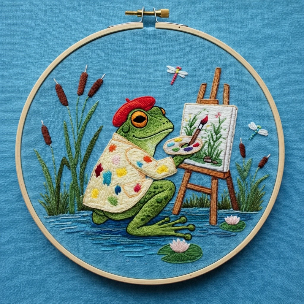 Artistic Frog Embroidery  Painting a Pond Scene