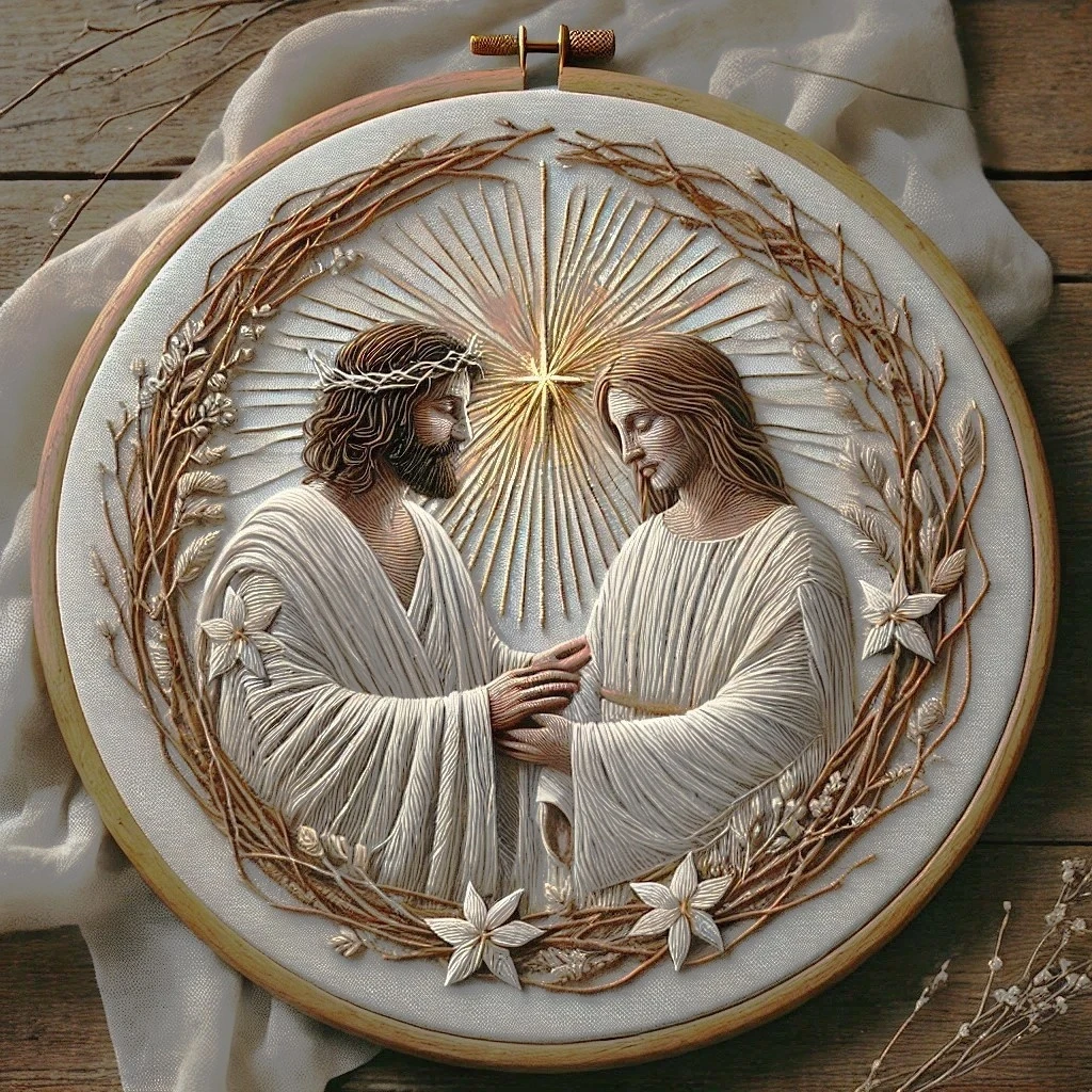 Sacred Embrace  Divine Hand Embroidered Portrait