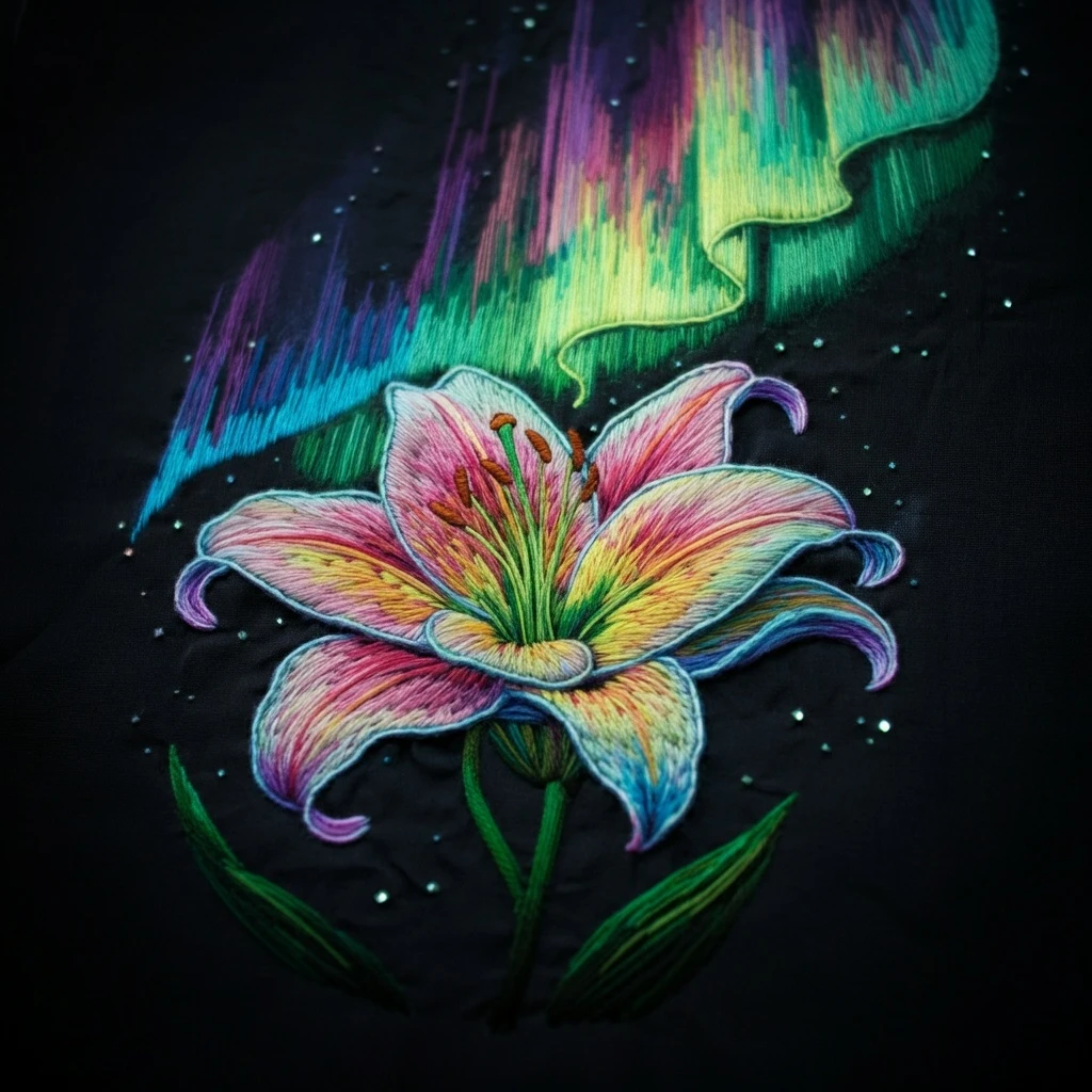 Aurora Lily Vibrant Night Bloom Embroidery