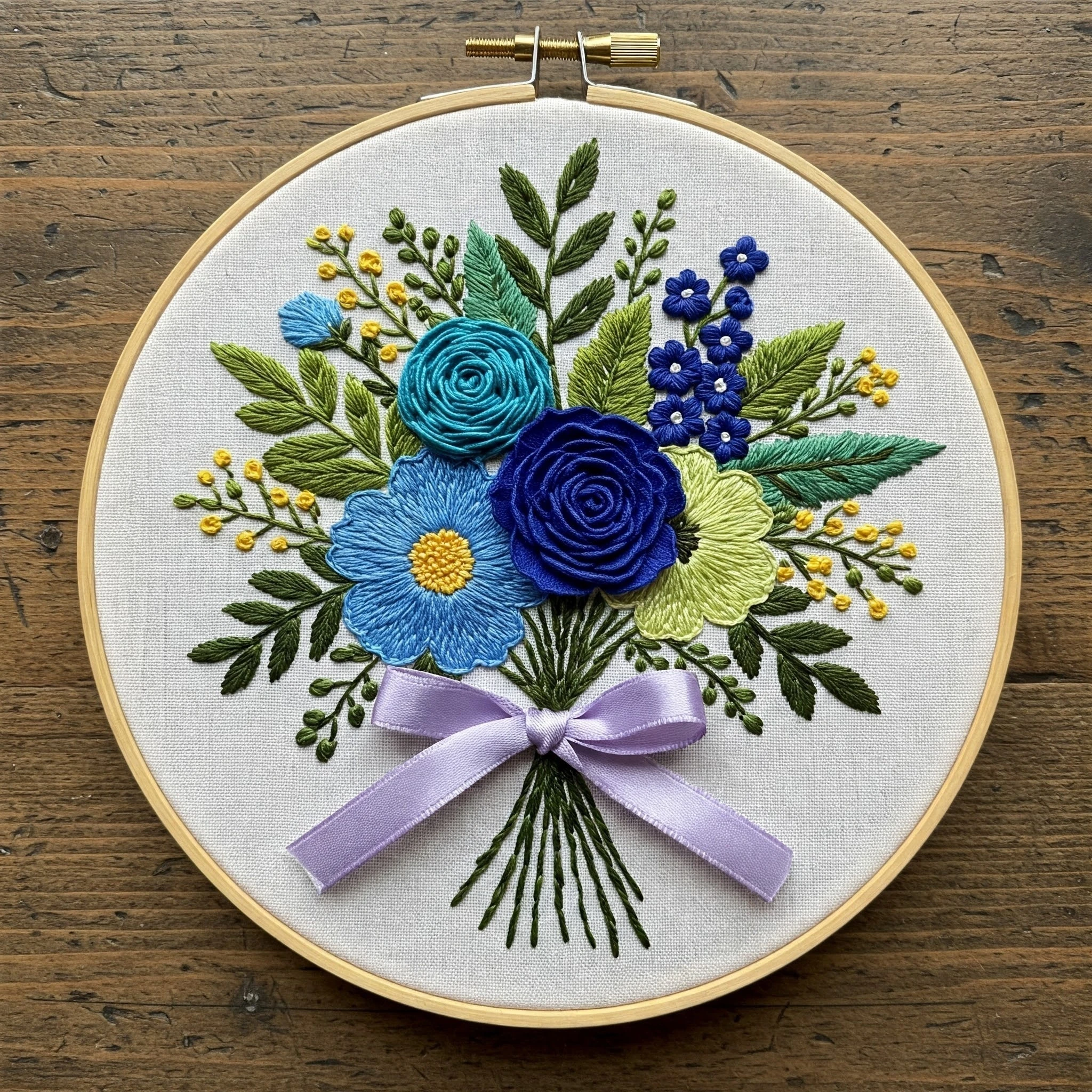 Embroidered Blue & Green Floral Bouquet with Lavender Bow