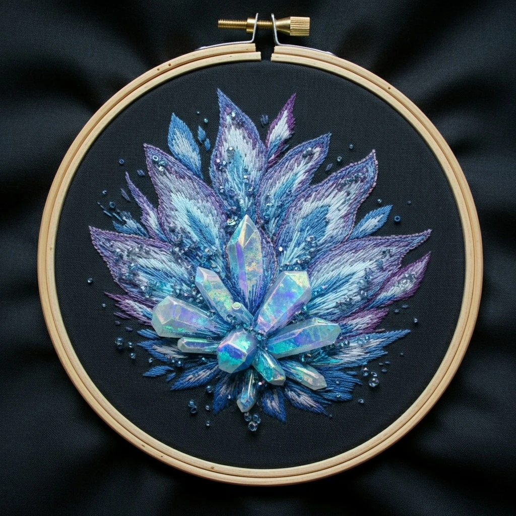Embroidered Crystal Bloom  Ethereal Mixed Media Hoop Art