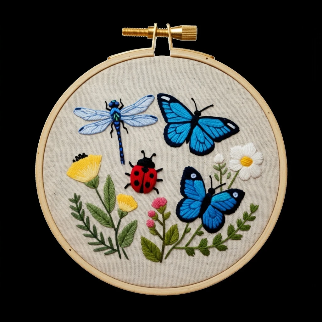 Beginner's Embroidered Insects and Flowers Hoop