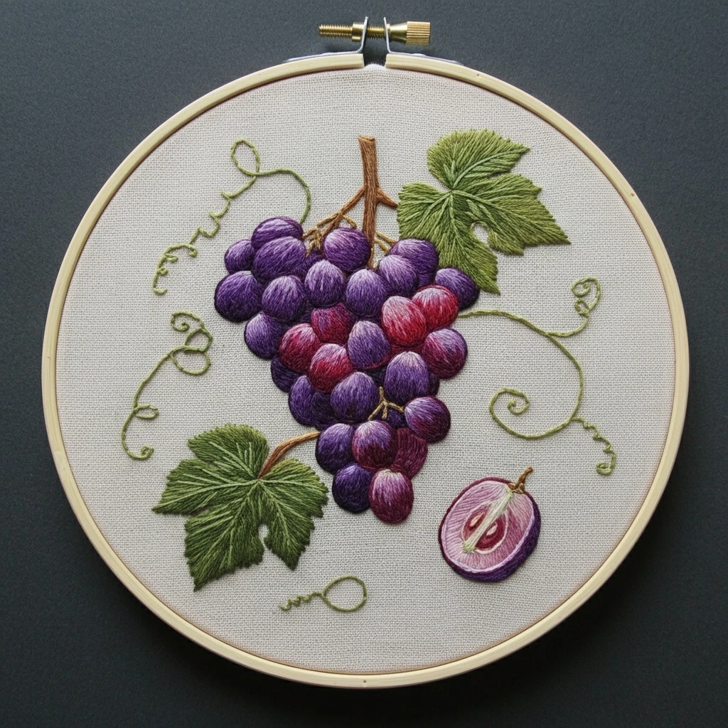 Realistic Hand Embroidery  Grape Cluster in a Hoop