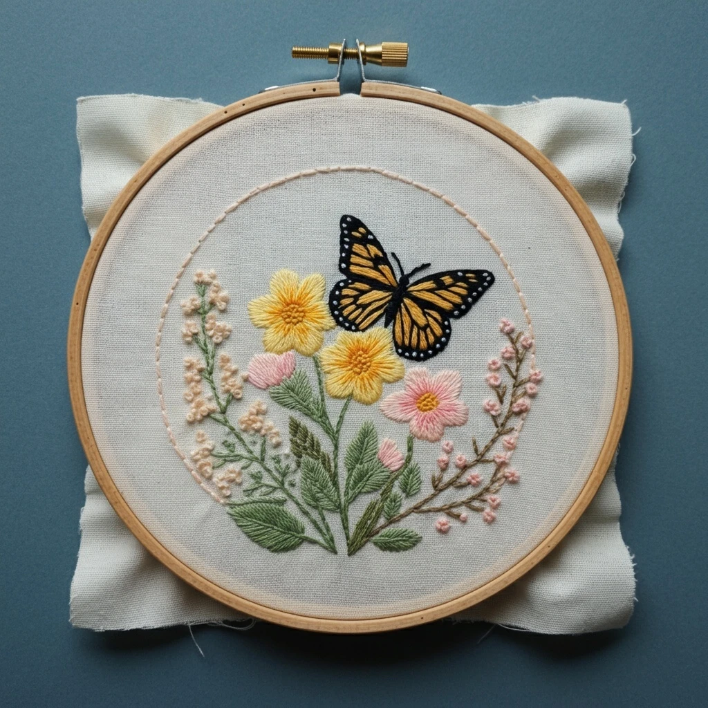 Hand Embroidery  Monarch Butterfly and Floral Wreath