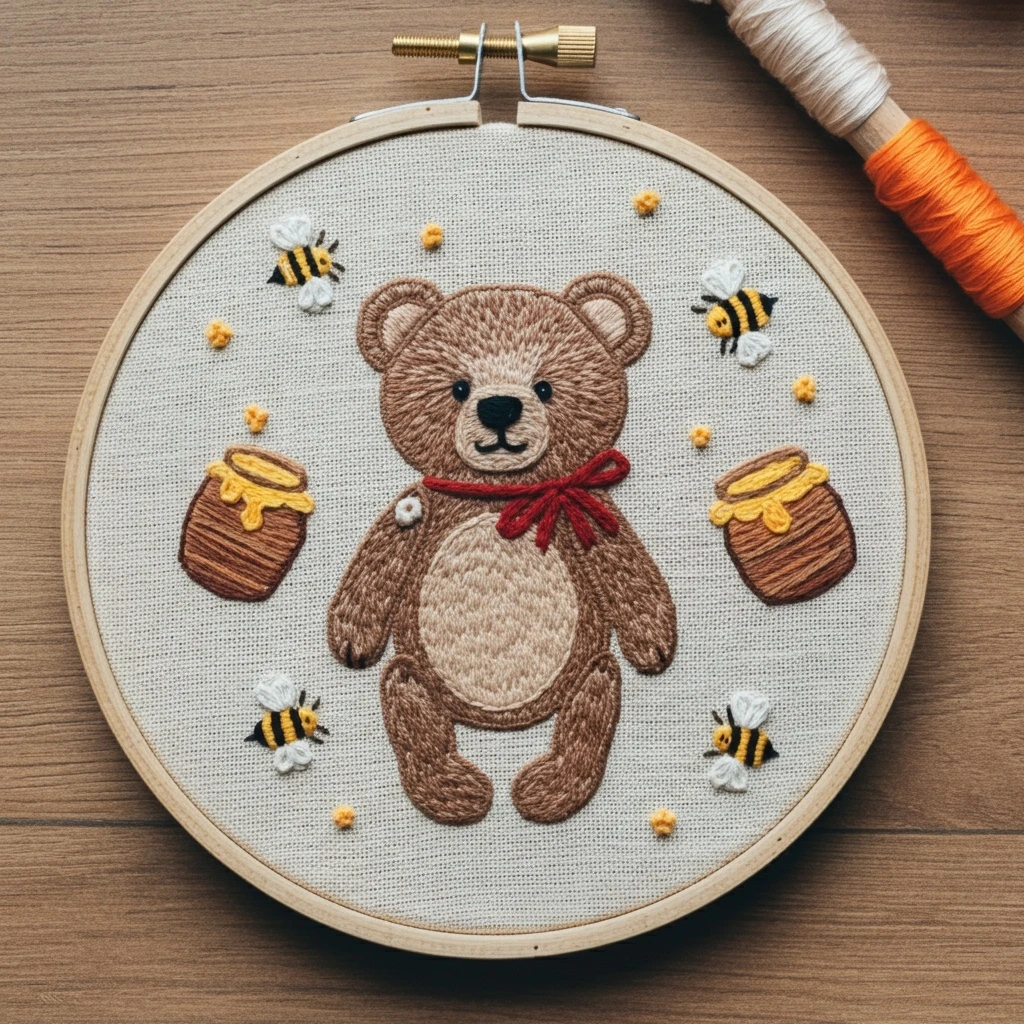 Honey Bear & Bees Embroidery Art
