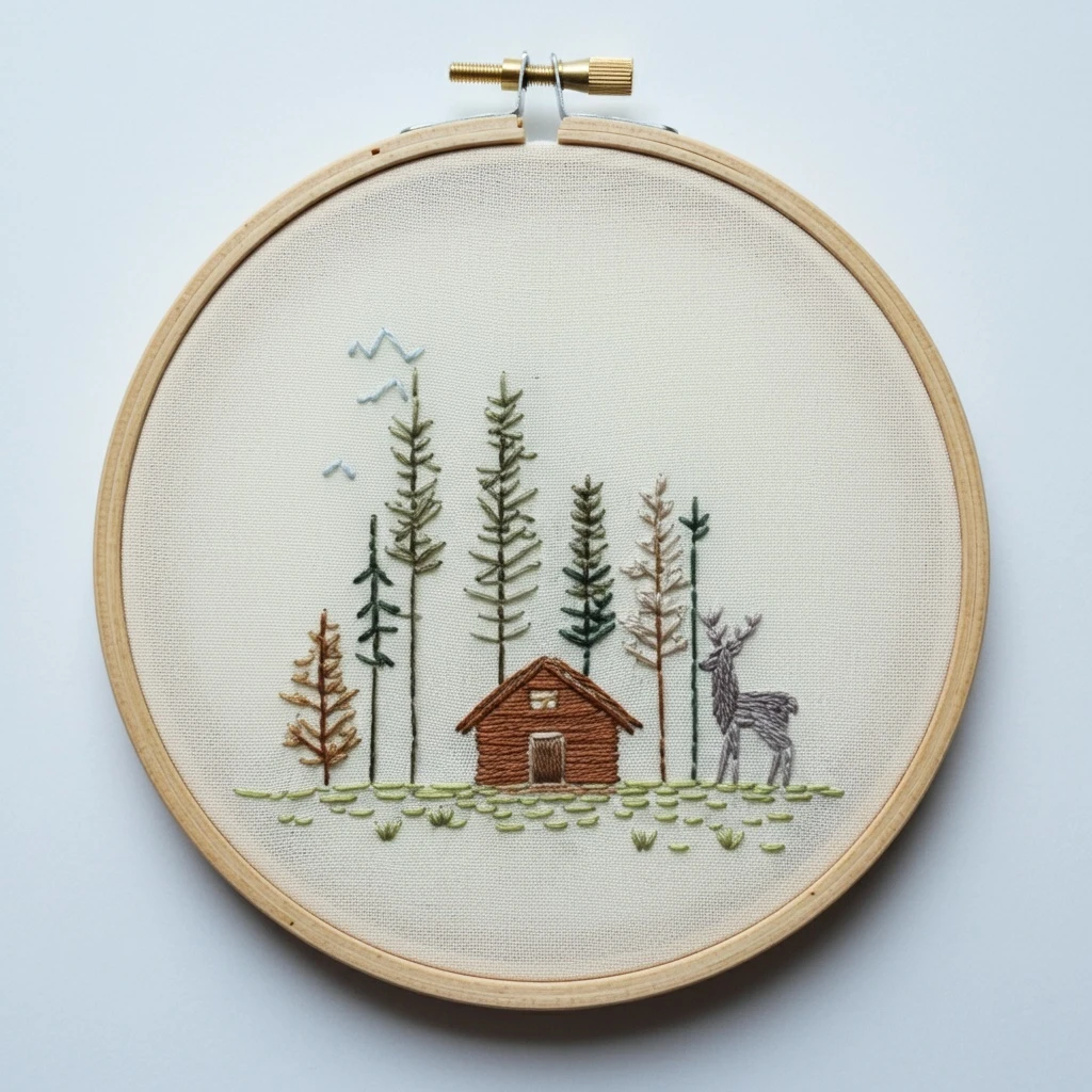 Cozy Cabin & Woodland Deer  Beginner Embroidery Pattern