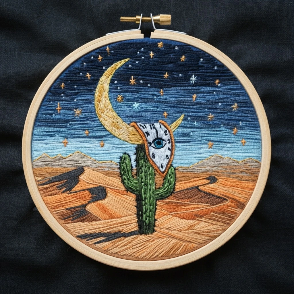 Desert Surrealism  Melting Clock on a Cactus Under a Starry Sky