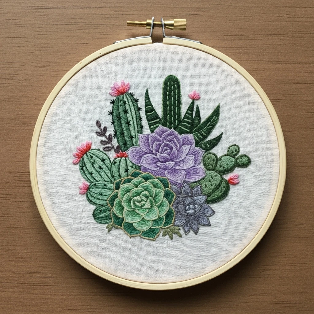 Succulent & Cactus Hand Embroidery Hoop Art