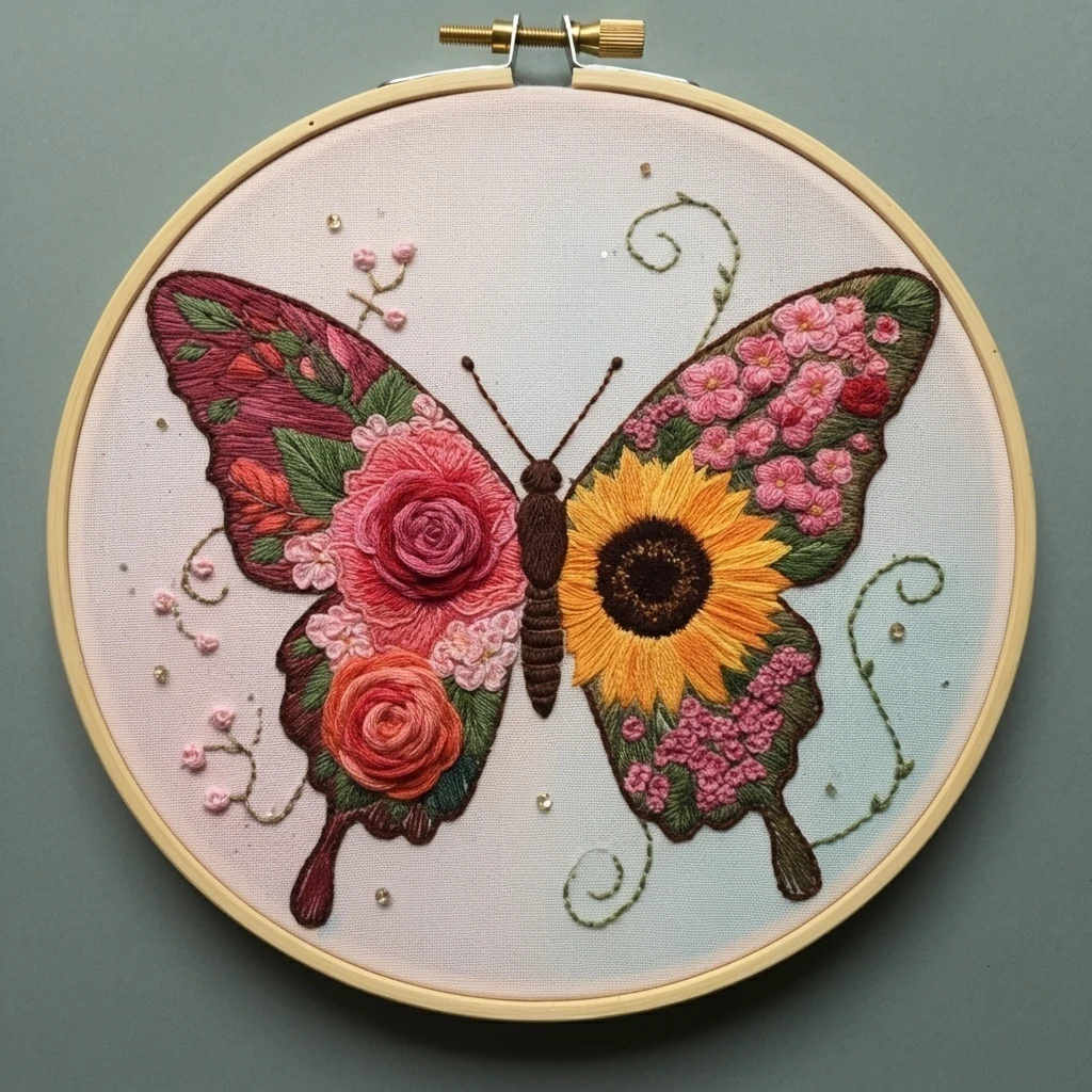 Floral & Sunflower Embroidery Butterfly
