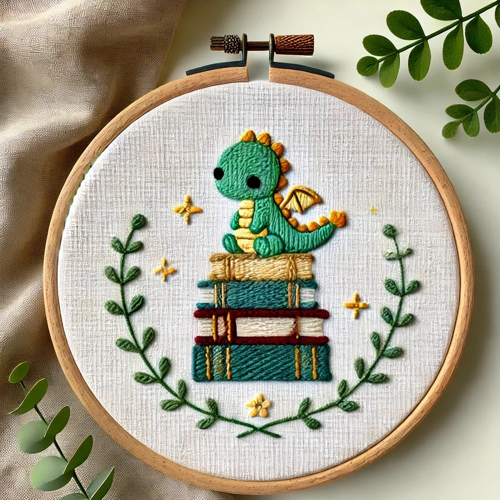 Whimsical Dragon on a Stack of Books Hand Embroidery