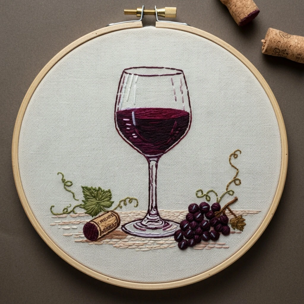 Embroidered Wine Glass and Grapes Hoop Art
