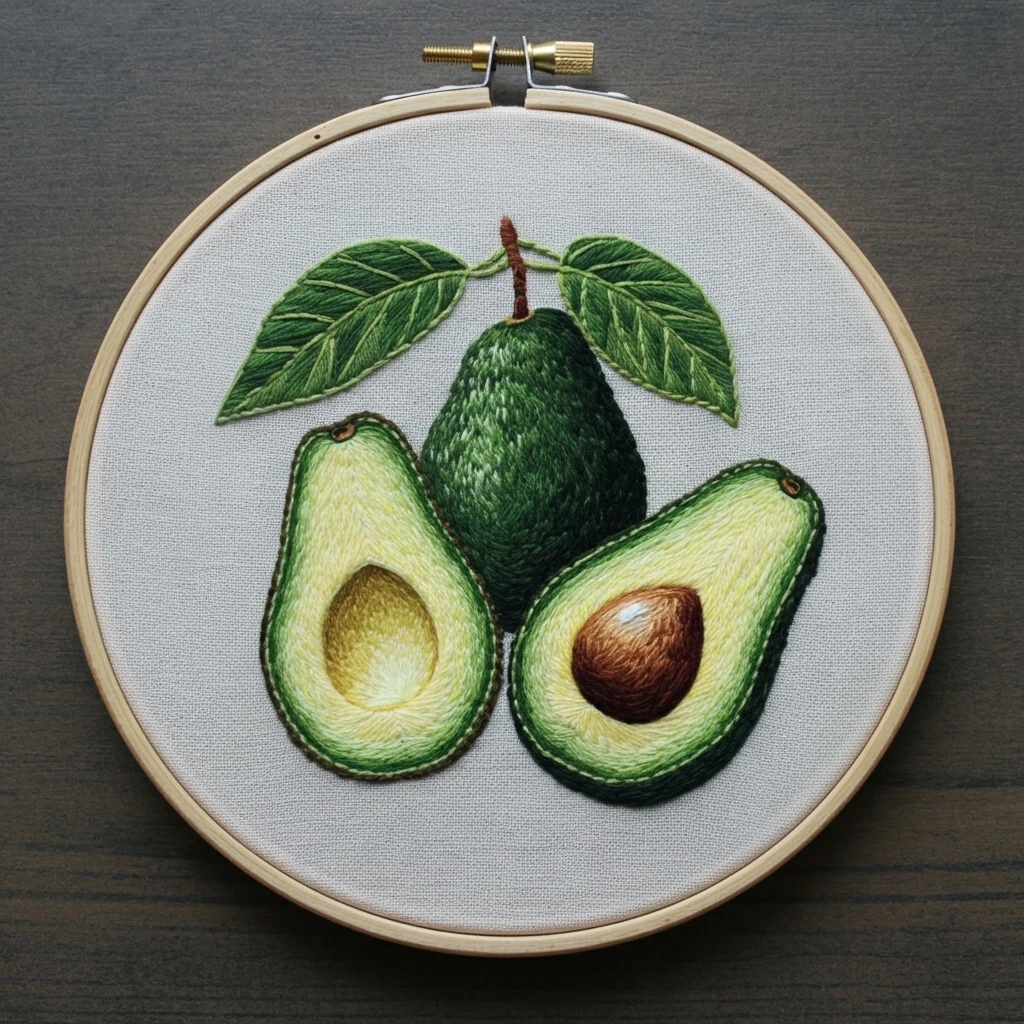 Realistic Hand Embroidery  Whole and Sliced Avocados