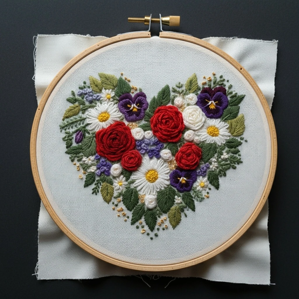 Heart Shaped Floral Embroidery Hoop Art