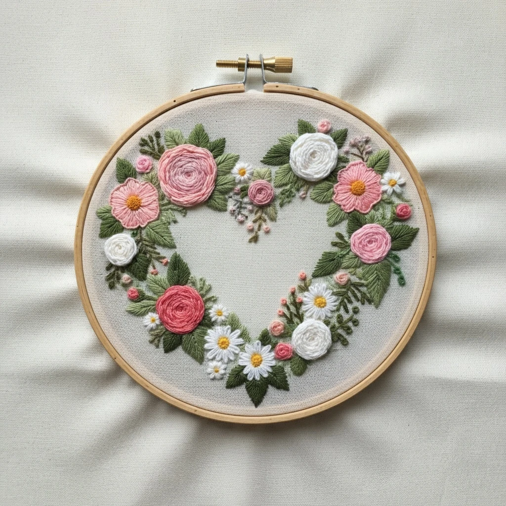 Floral Heart Wreath Embroidery Hoop Art