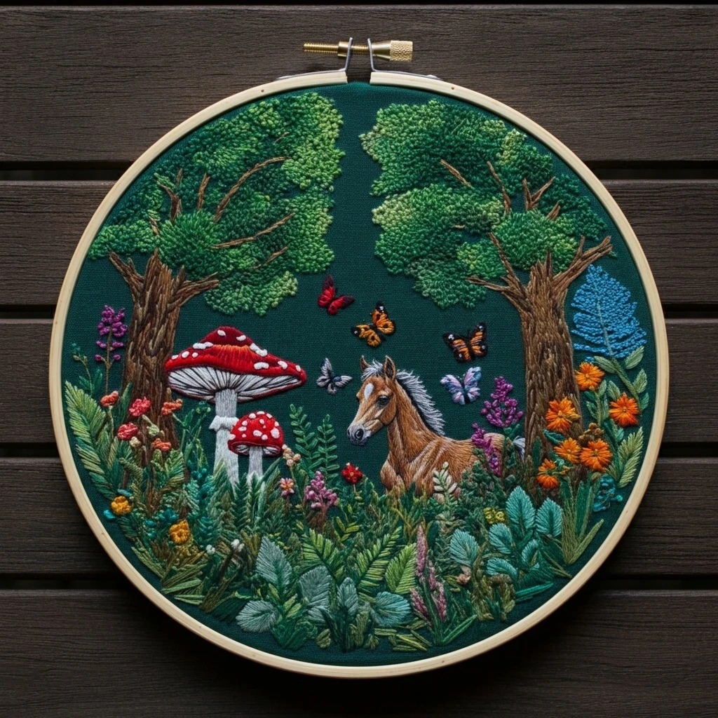Enchanted Forest Embroidery Horse and Amanita Mushrooms