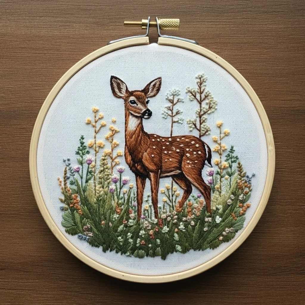 Fawn in a Wildflower Meadow  Detailed Needle Painted Embroidery