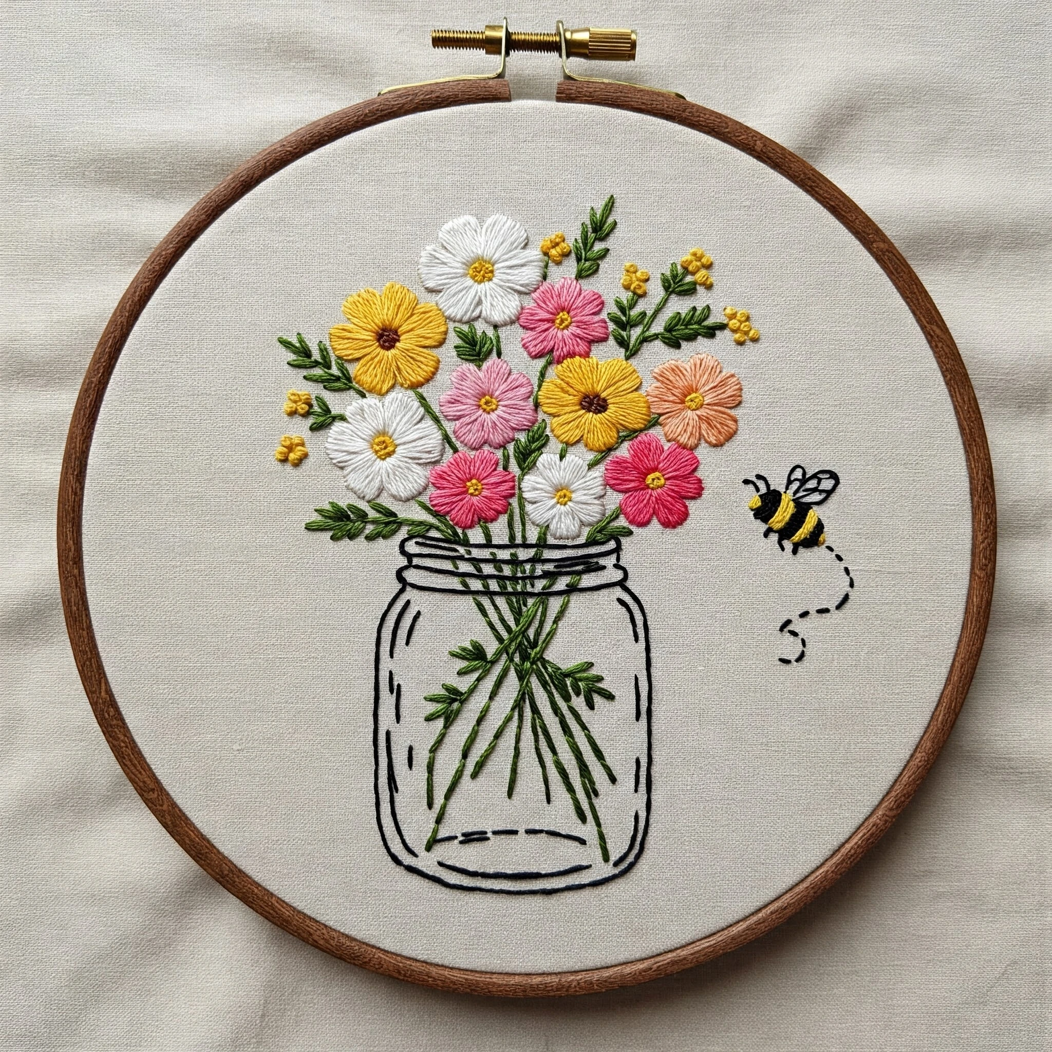 Beginner Embroidery  Wildflower Jar and Bumblebee