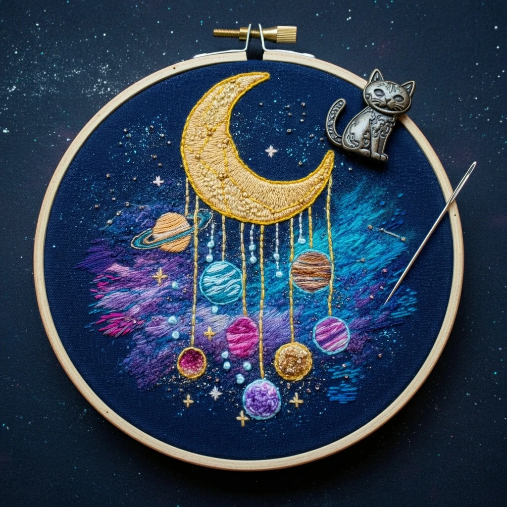 Celestial Moon & Planets Embroidery Art