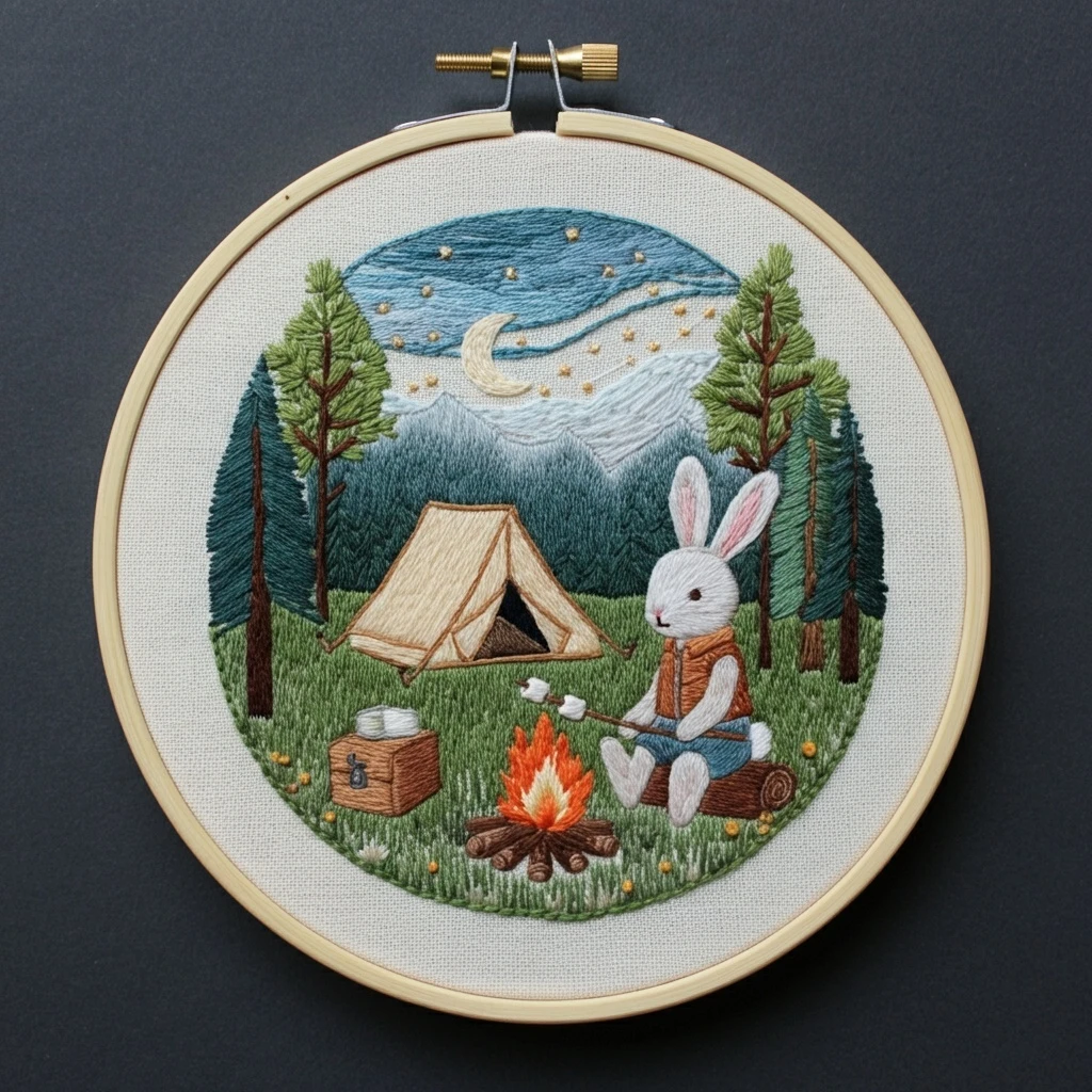 Cozy Campfire Bunny Nighttime Forest Embroidery
