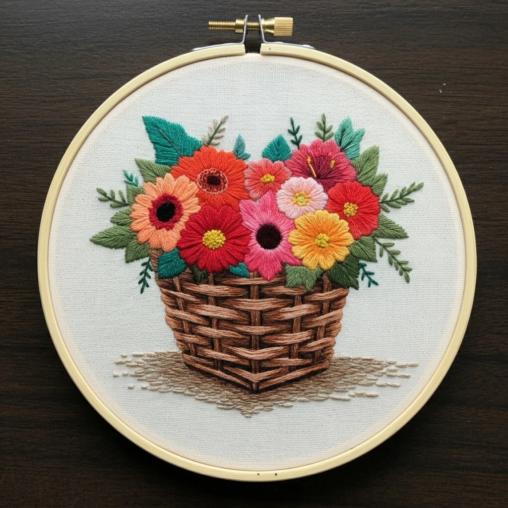 Hand Embroidered Flower Basket Hoop Art