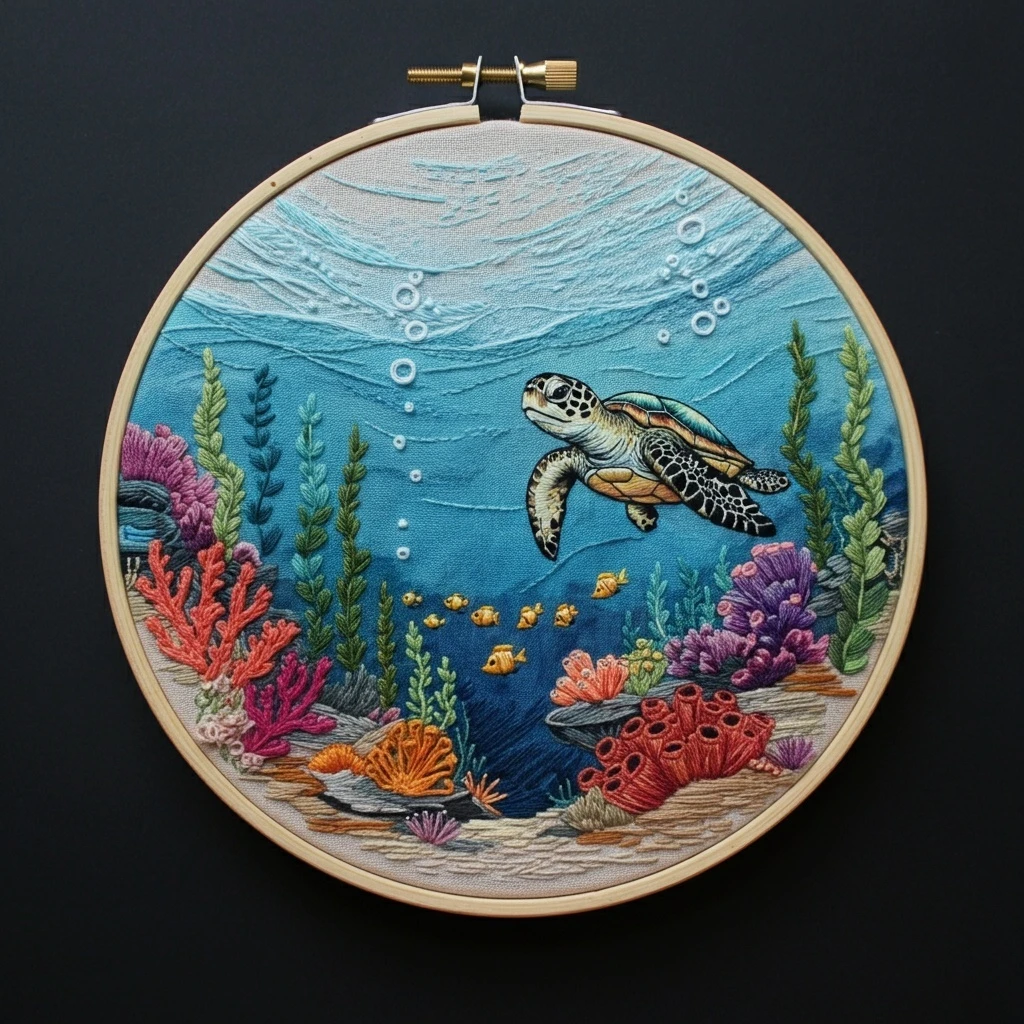 Embroidered Sea Turtle and Coral Reef