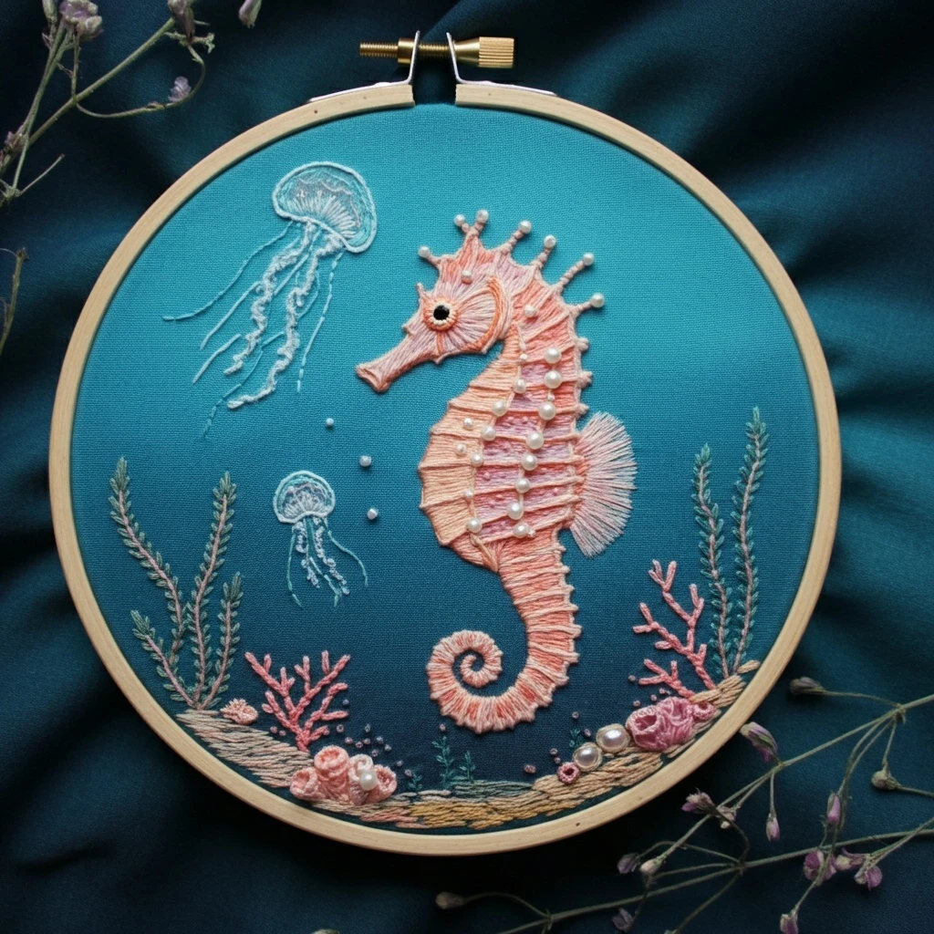 Embroidered Seahorse and Jellyfish  Underwater Fantasy