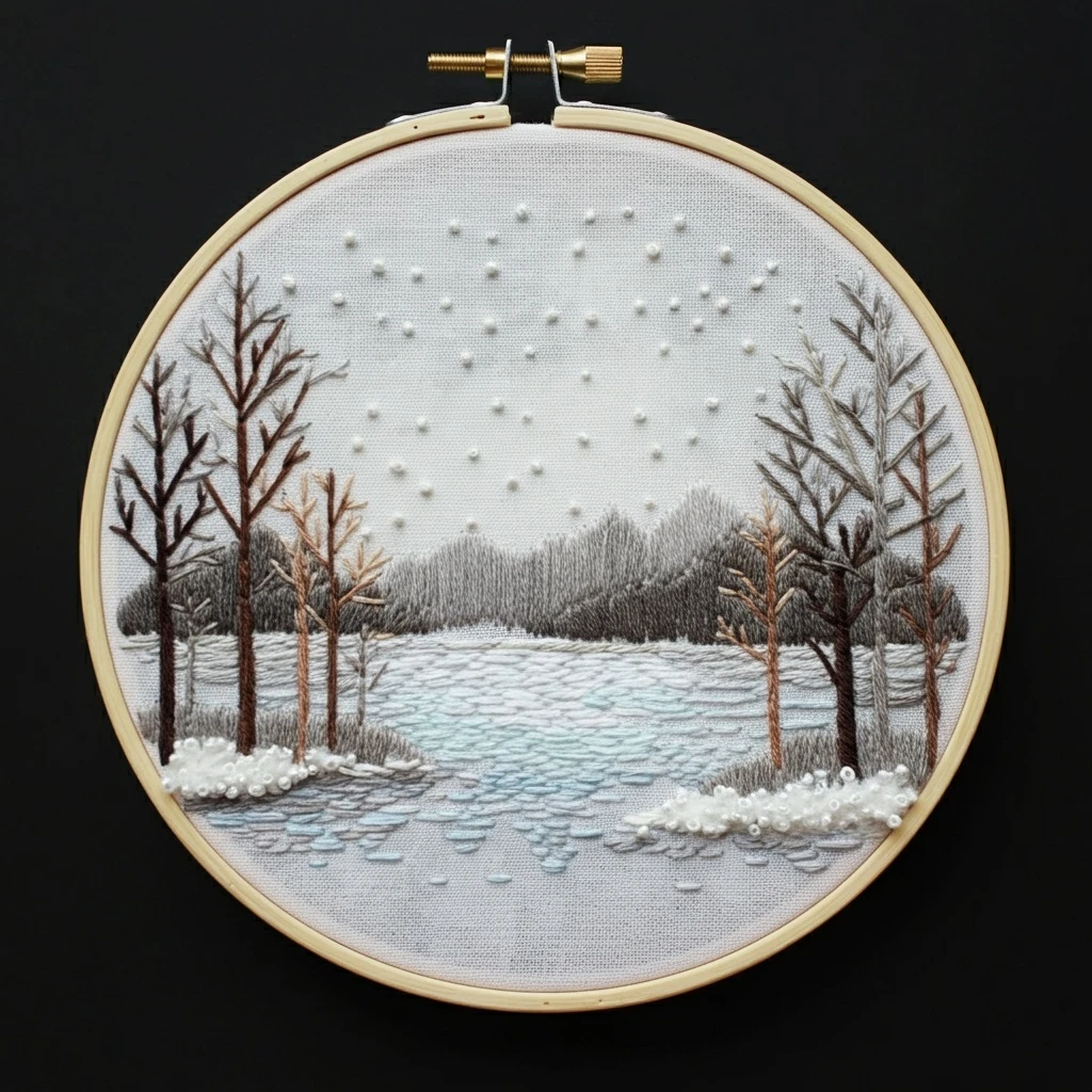 Winter Landscape Embroidery Snowy Lake and Bare Trees